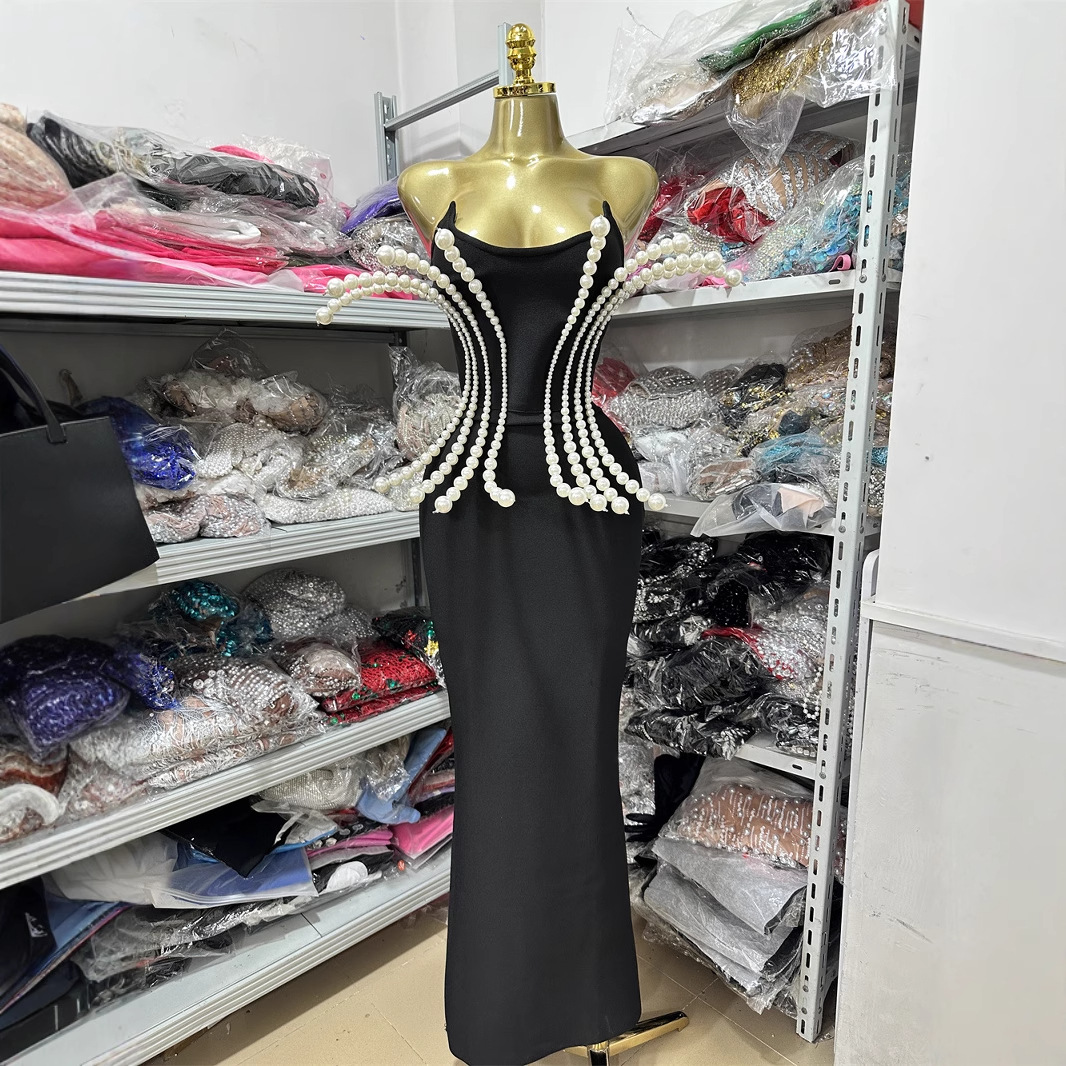 跨境欧美复古风时尚珍珠抹胸绷带裙名媛派对晚宴优雅礼服连衣裙