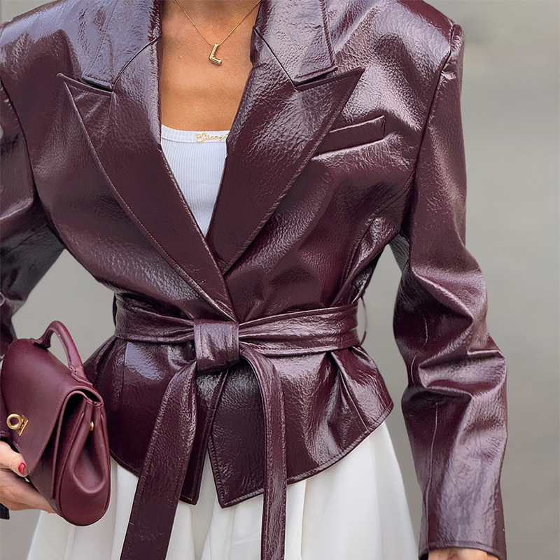 Lace-up glossy leather jacket - dark red / S