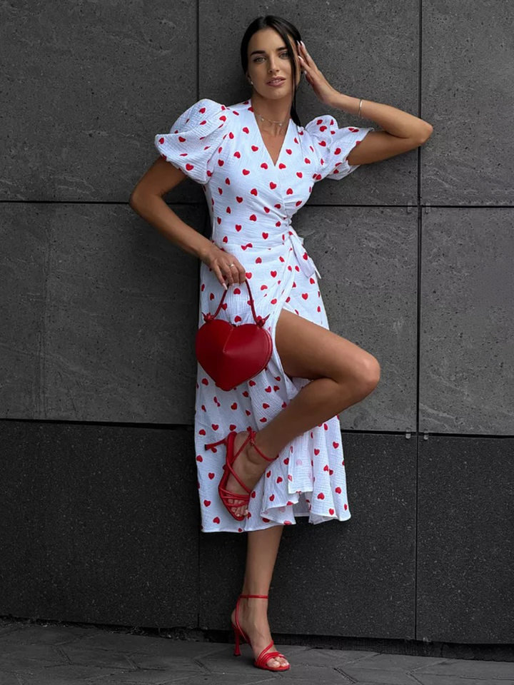 Đầm liền cotton in hoa cổ chữ V tay bồng buộc dây lưng cao — Hoa oải hương, Hoa tulip màu hồng, Màu be, Màu hồng chi tiết 31
