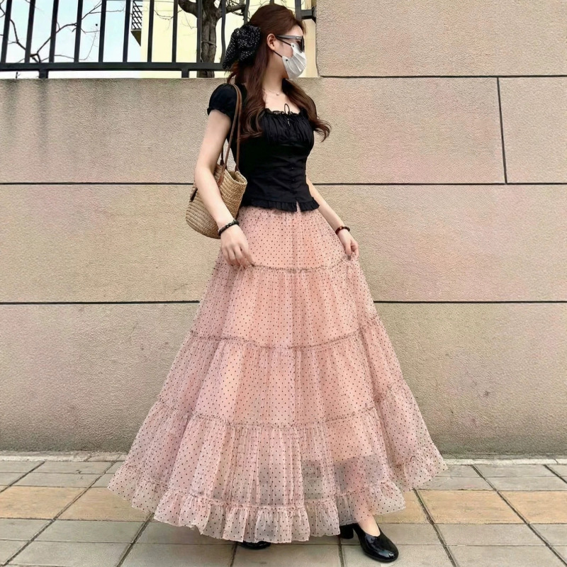 Pink Polka Dot Long Dress for Women, Summer 2026 New Style, Stunningly Beautiful, Super Pretty, Flowy Chiffon Dress, A-Line, Large Hem, Umbrella Skirt for Petite Figures