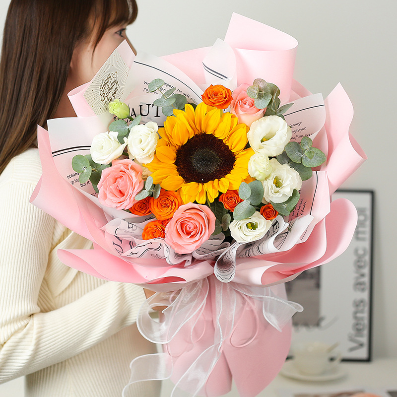 [부드러운 바람] 해바라기 1개, 핑크장미 2개
