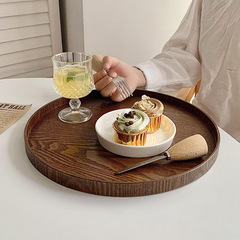 Ins風木製円形トレー日本式茶皿皿木トレーカフェデザート皿ケーキ皿朝食皿