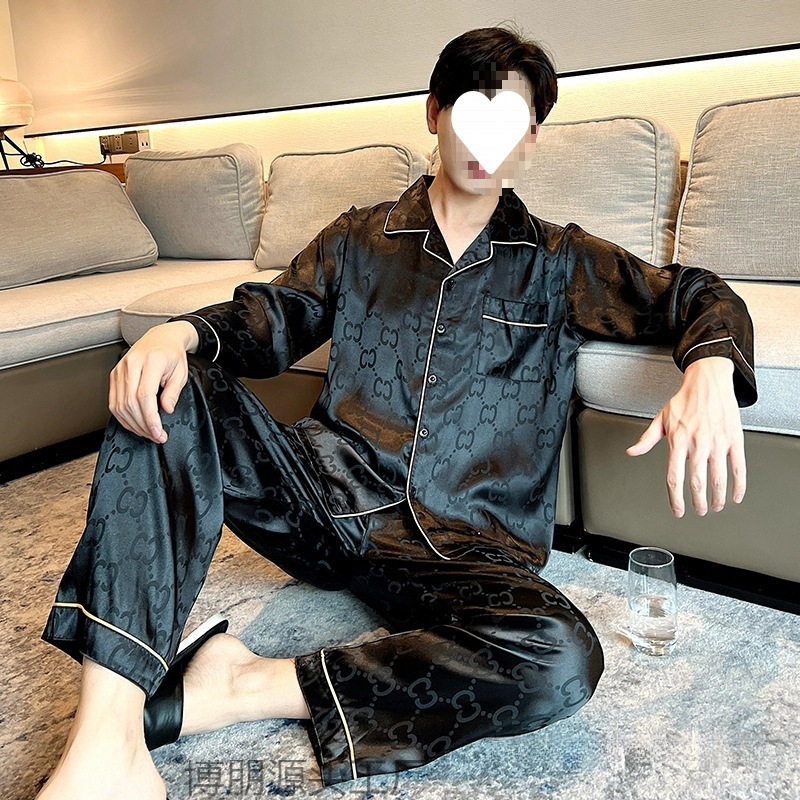 Men's Pajamas Spring and Autumn Ice Silk Long-Sleeve Long Pants Set Plus Size 100kg Loose Thin Style 125kg Summer Home