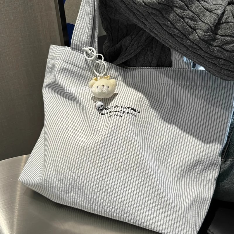 大容量帆布包新款休闲条纹慵懒简约2025通勤手提包百搭单肩托特 - Thumbnail 5