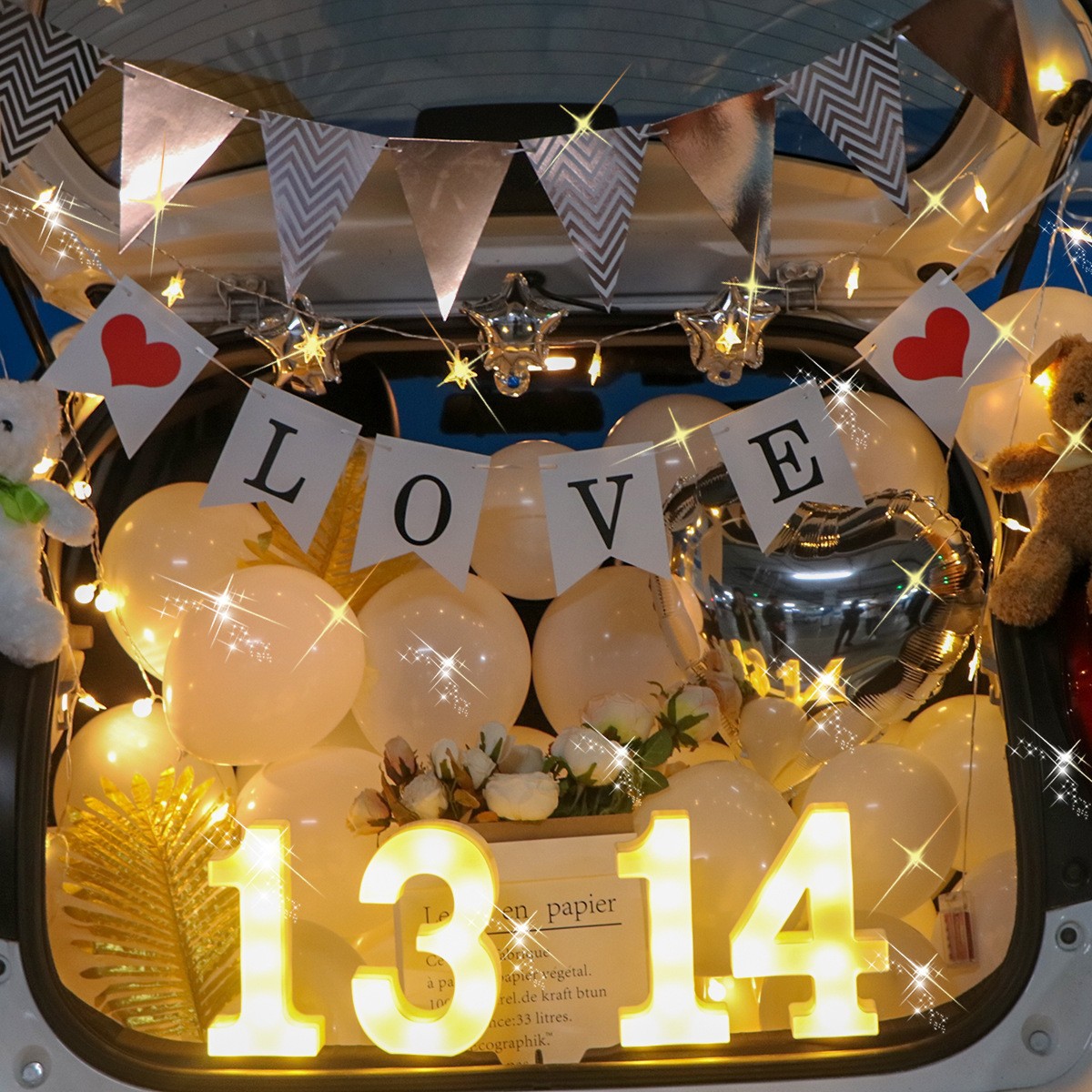 Propuesta globo cumpleaños decoración fiesta escena diseño coche tronco sorpresa propuesta decoración confesión globo