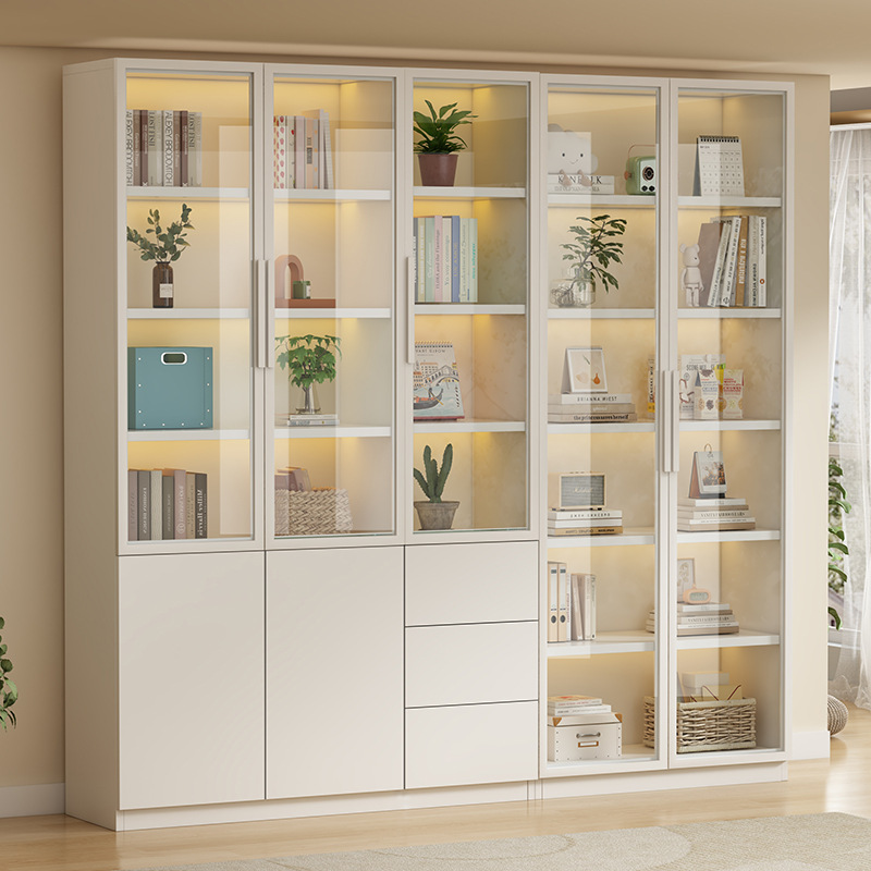 Cream Style Bookcase Integrated Wall-To-Ceiling Bookshelf with Glass Door Light Luxury Wine Cabinet Home Living Room Display Cabinet