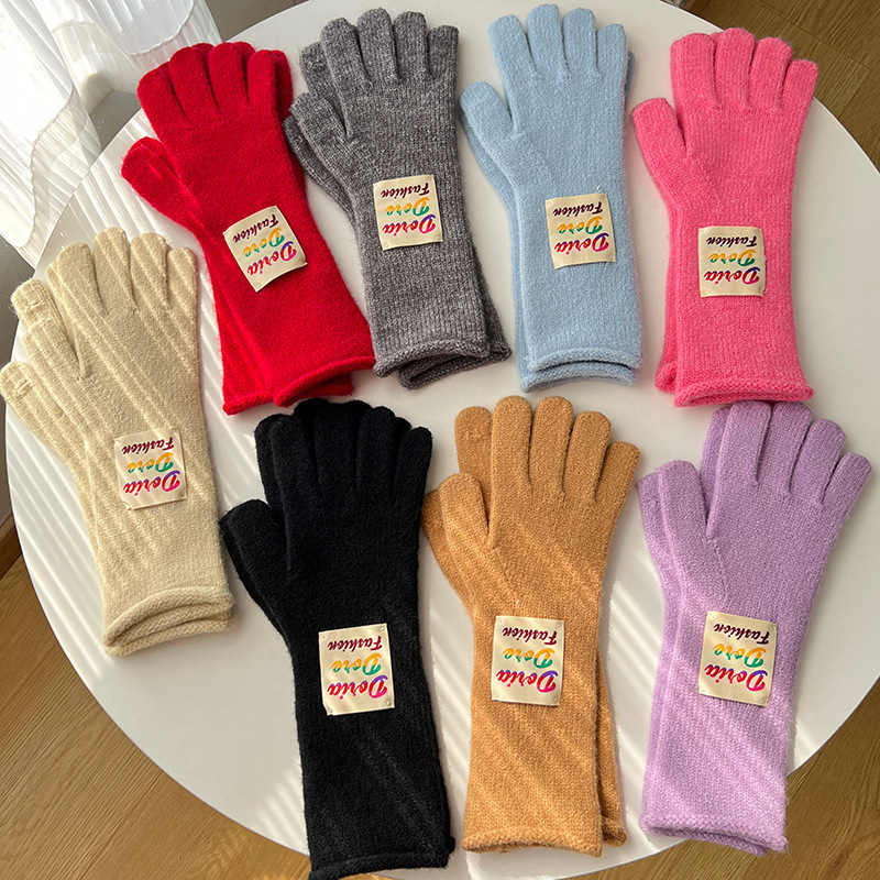 Winter long soft glutinous knitted gloves women's South Korea color logo retro all-match five finger riding warm touch screen gloves