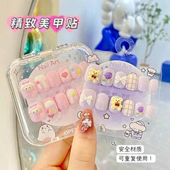 在庫あり新しい漫画かわいいリボンショート子供用ウェアラブルネイル立体的なかわいい甘い粘着ネイル卸売