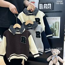 童装儿童套头毛衣牛仔领假两件2024新款宝宝针织衫男童打底衫百搭