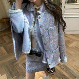 25早秋撞色格纹花呢圆领长袖毛呢开衫千金风时髦穿搭粗花呢外套女