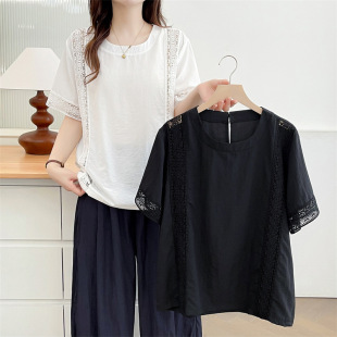 2025 Summer Plus Size Women's Short-Sleeve Lace Hollow-Out T-Shirt Fashion Simple Plus-Size Versatile Niche Top 666