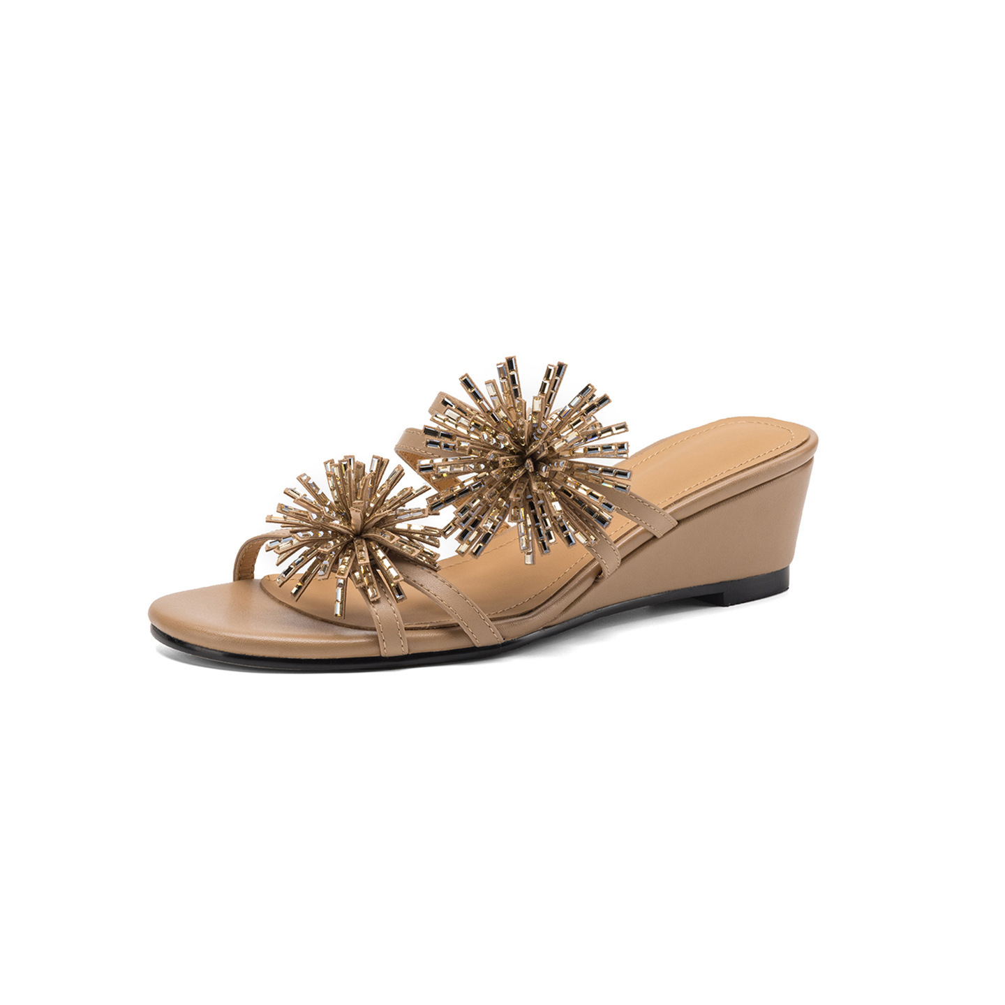 Sandal cao gót nữ hở mũi đế xuồng đính đá pha lê, gót 5 cm, chất da bò mềm — màu trắng ngà