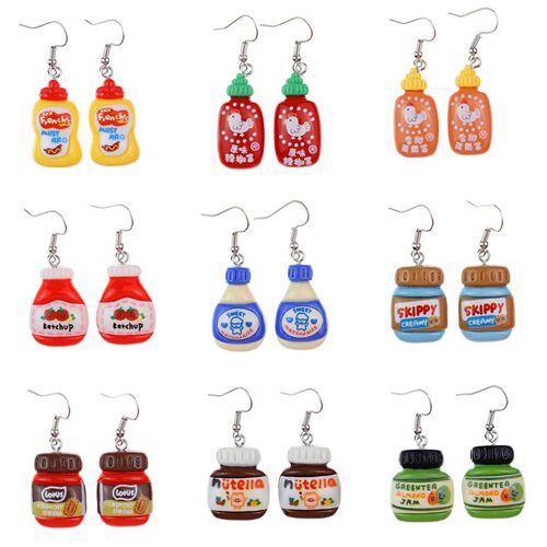 Japanese and Korean fun, simple, cute food toys, simulated seasoning sauce earrings, personalized creative childlike girl heart ear hook earrings