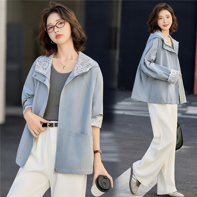 Stylish Lace Patchwork Hooded Jacket for Women, New Autumn Loose Casual Versatile Youthful Coat