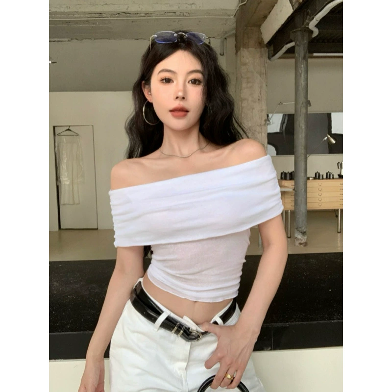Реальный снимок, реальная цена, летняя нежная утягивающая футболка с открытыми плечами и короткими рукавами, нишевый сексуальный горячий топ без рукавов с открытым ключицей