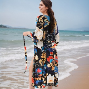 Amazon Cross-Border Women's Long Cardigan Rayon Comfortable Home Nightgown Outdoor Home Blouse