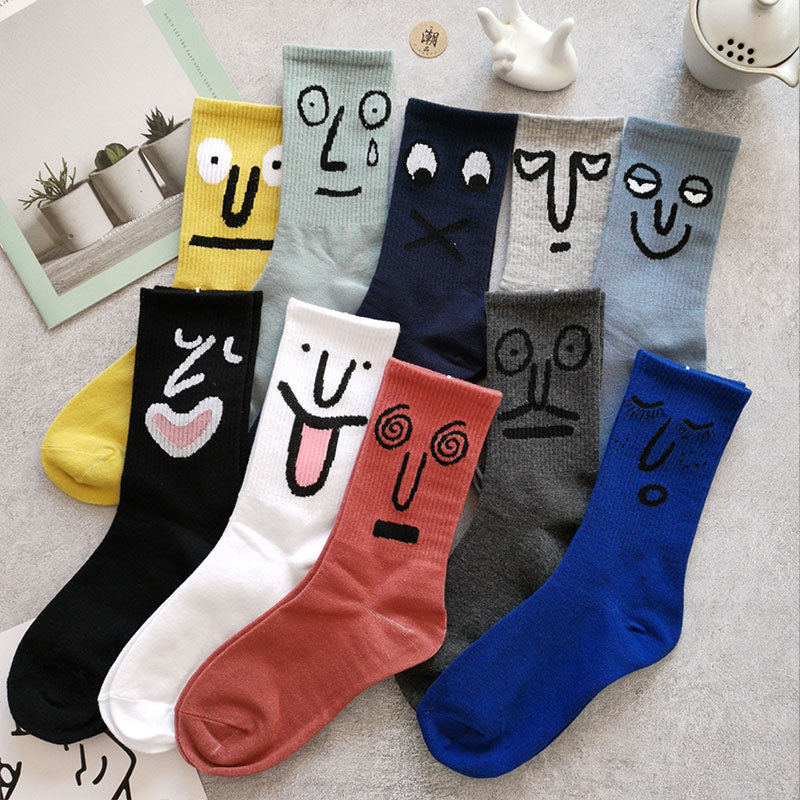 Funny Expression Socks Men's Middle Tube Spring and Autumn Cotton Internet Celebrity Korean Style Cartoon High Waist Stockings Women's ins Trendy Student Sports w