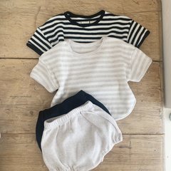 2023夏款韓版ins男女寶寶休閒套裝嬰幼兒華夫格條紋套裝休閒套裝