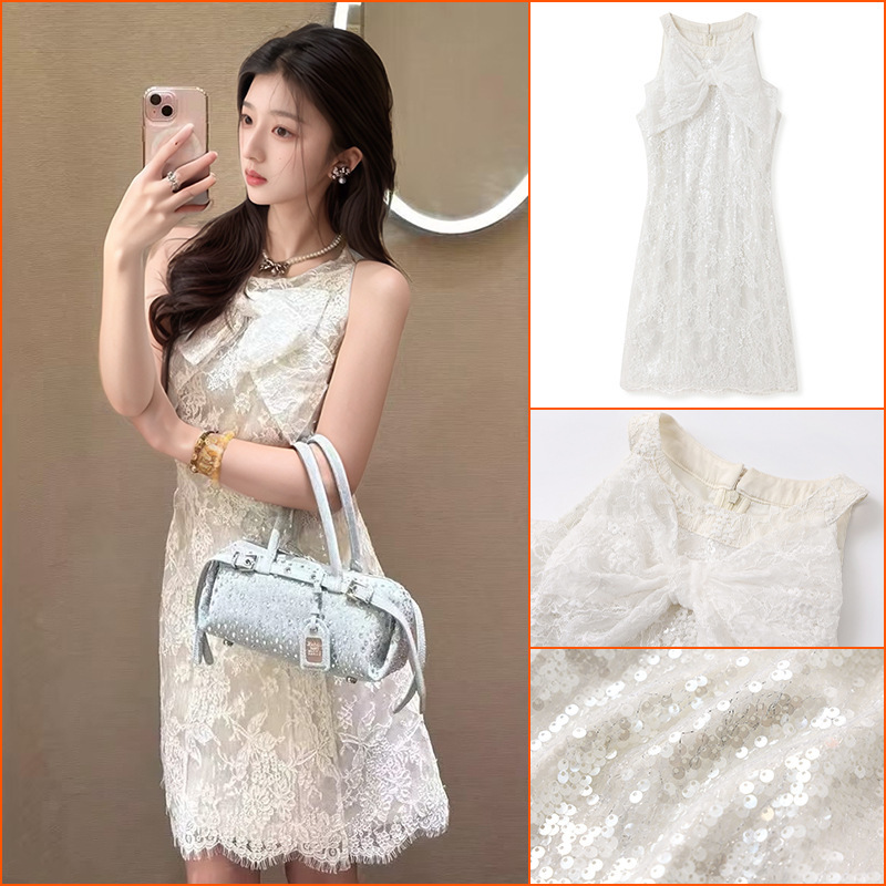 French Romantic Lace Mesh Slim-Fitting Beautiful Dress for Women Summer Bow Accessible Luxury Dress Zx Style N3058