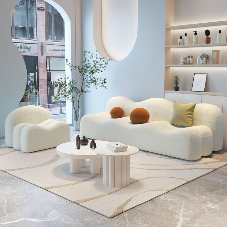 Cream-Colored Lamb Wool Cloud Wave-Shaped Sofa Chair Set for Living Room, Beauty Salon, and Trendy Meeting Areas