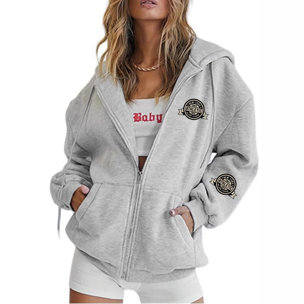 Women's Fleece Zip-Up Hoodie With Geometric Print - Lightweight, Warm & Stylish Casual Jacket For Outdoor & Daily Wear_ecoleips.com
