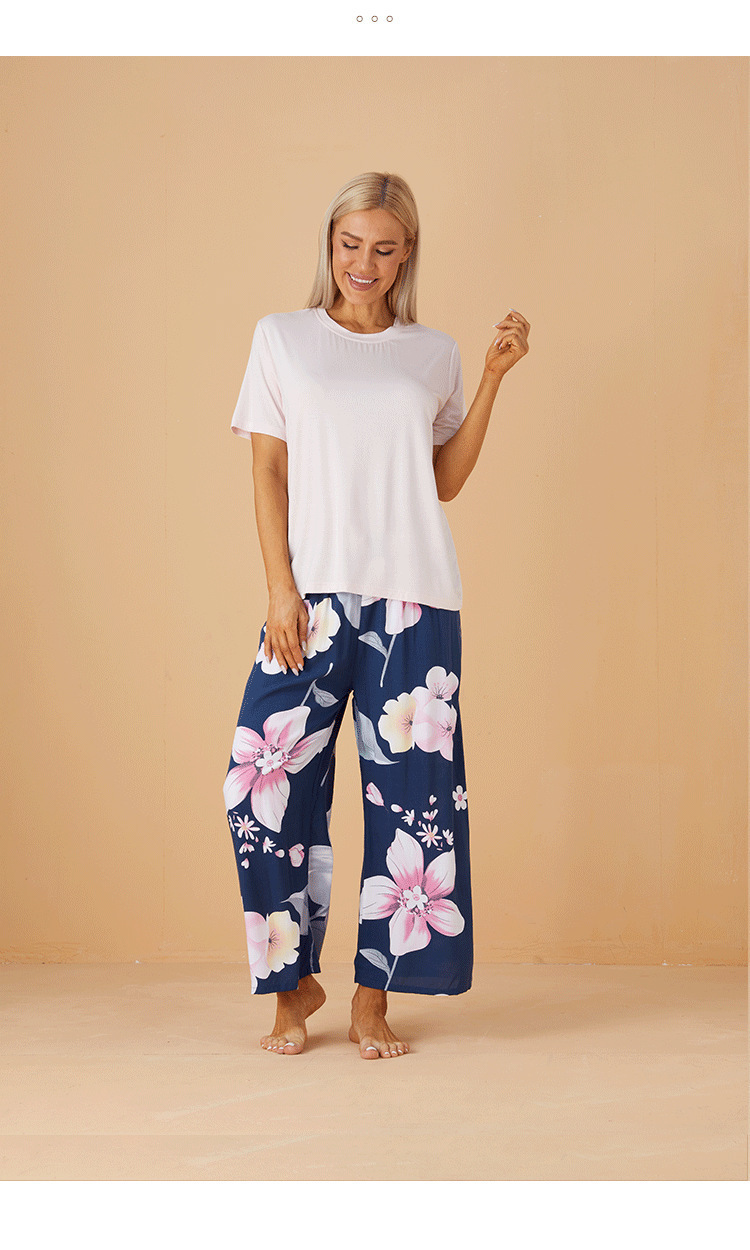 Round Neck Neckline Breathable Function Loose Fit Type Home Women's Casual Color Block Plant Modal Pants Sets Pajama Sets