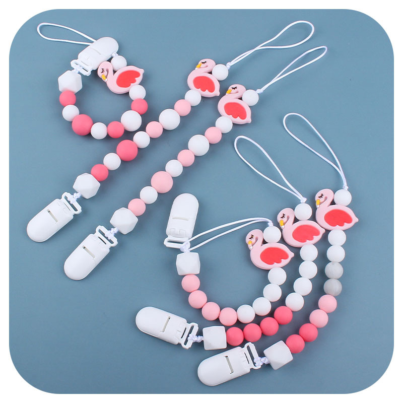 Bebé de dibujos animados animal Flamingo silicona teether bebé teether palo juguete teether pezón cadena anti-caída