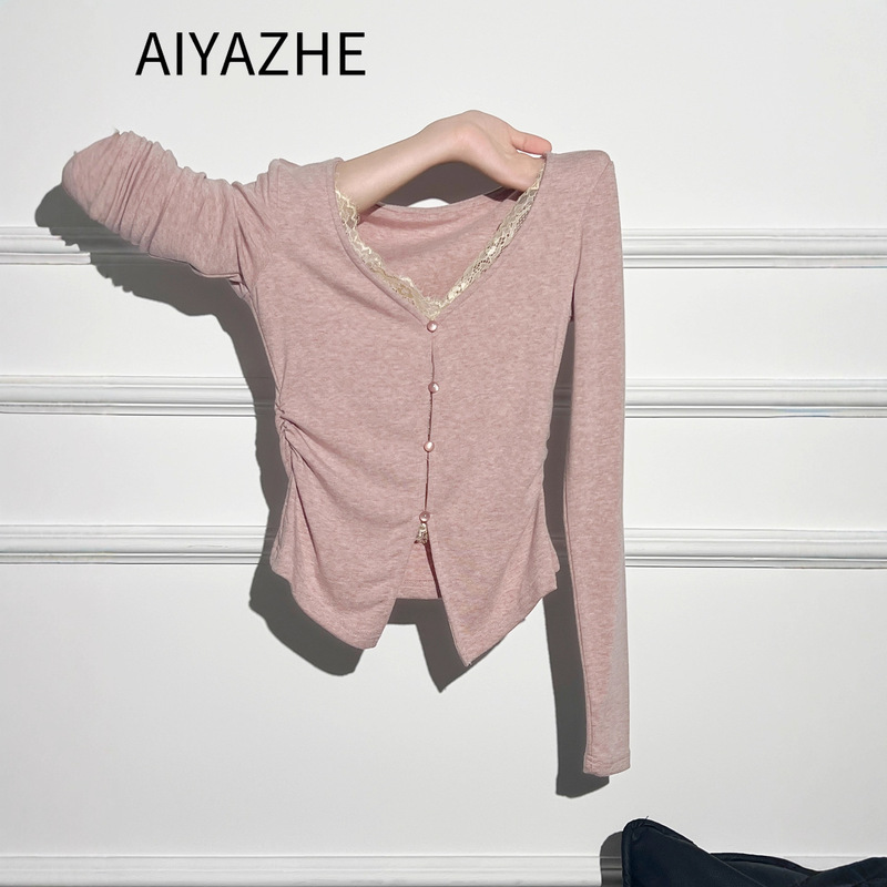 Counter Withdrawal ~ Cut Label Counter Hot Girl Lace Fake Two-Piece V-Neck Long-Sleeved T-Shirt with Pleated Bottoming Shirt Top Counter Withdrawal ~ Cut Label Counter Hot Girl Lace Fake Two-Piece V-Neck Long-Sleeved T-Shirt with Pleated Bottoming Shirt Top