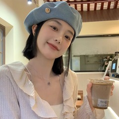 デニムのベレー帽の女性春秋韓国版百合顔の小さい蕾の画家の帽子ネットの赤い大きい頭は帽子のins潮を囲みます。