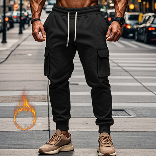 Autumn and winter fleece men's casual overalls men's multi-pocket pants large size sports casual pants