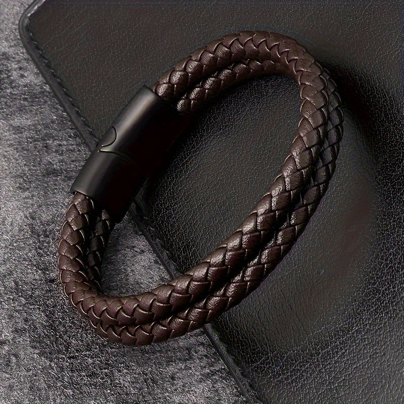 Cross-Border Popular Double-Layer High-Gloss Woven Black Leather Bracelet with Matte Clasp, Dark Style for Men, Suitable for Going Out and Dating, Stackable Wrist Accessory