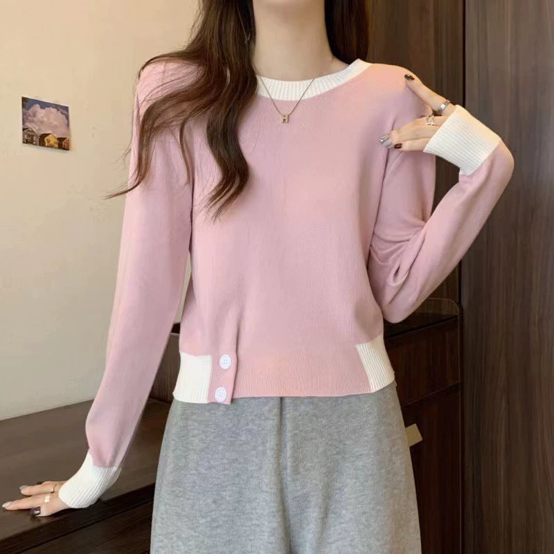 Короткий рукав, весенний свитер, круглый ворот, slim fit
