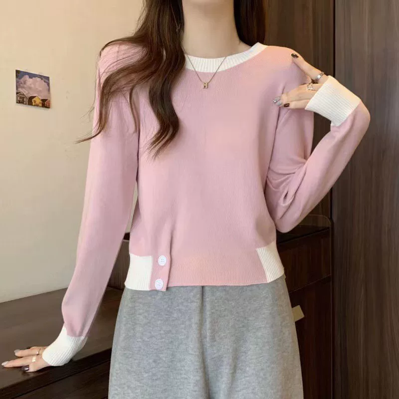 Короткий рукав, весенний свитер, круглый ворот, slim fit