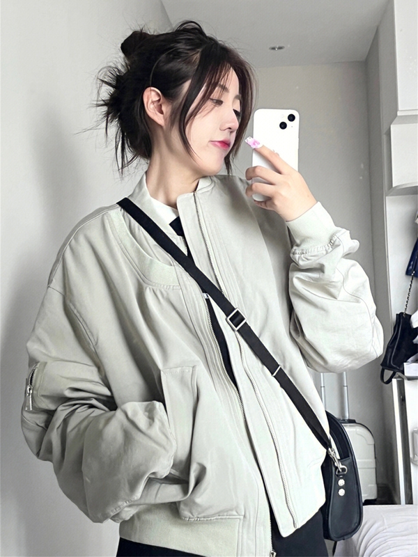 复古灰白色美式棒球服外套女秋冬季大码胖mm宽松显瘦工装夹克上衣|undefined