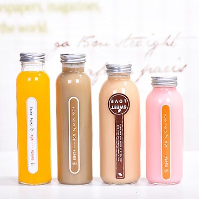 厂家现货铝盖玻璃瓶500ml饮料瓶圆形350ml泡茶瓶奶茶瓶丝口花茶瓶