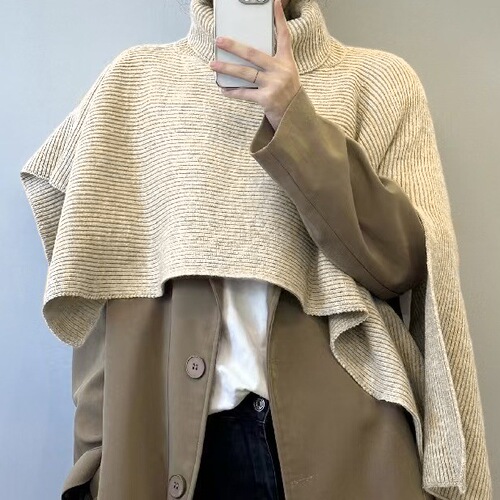 New knitted cape top—autumn and winter outerwear, Korean-style high-neck cape shawl, knitted waistcoat, solid-color pullover.