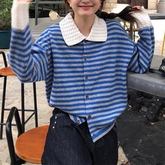 温柔风条纹翻领针织衫开衫女2025年秋季新款慵懒风宽松毛衣女外套