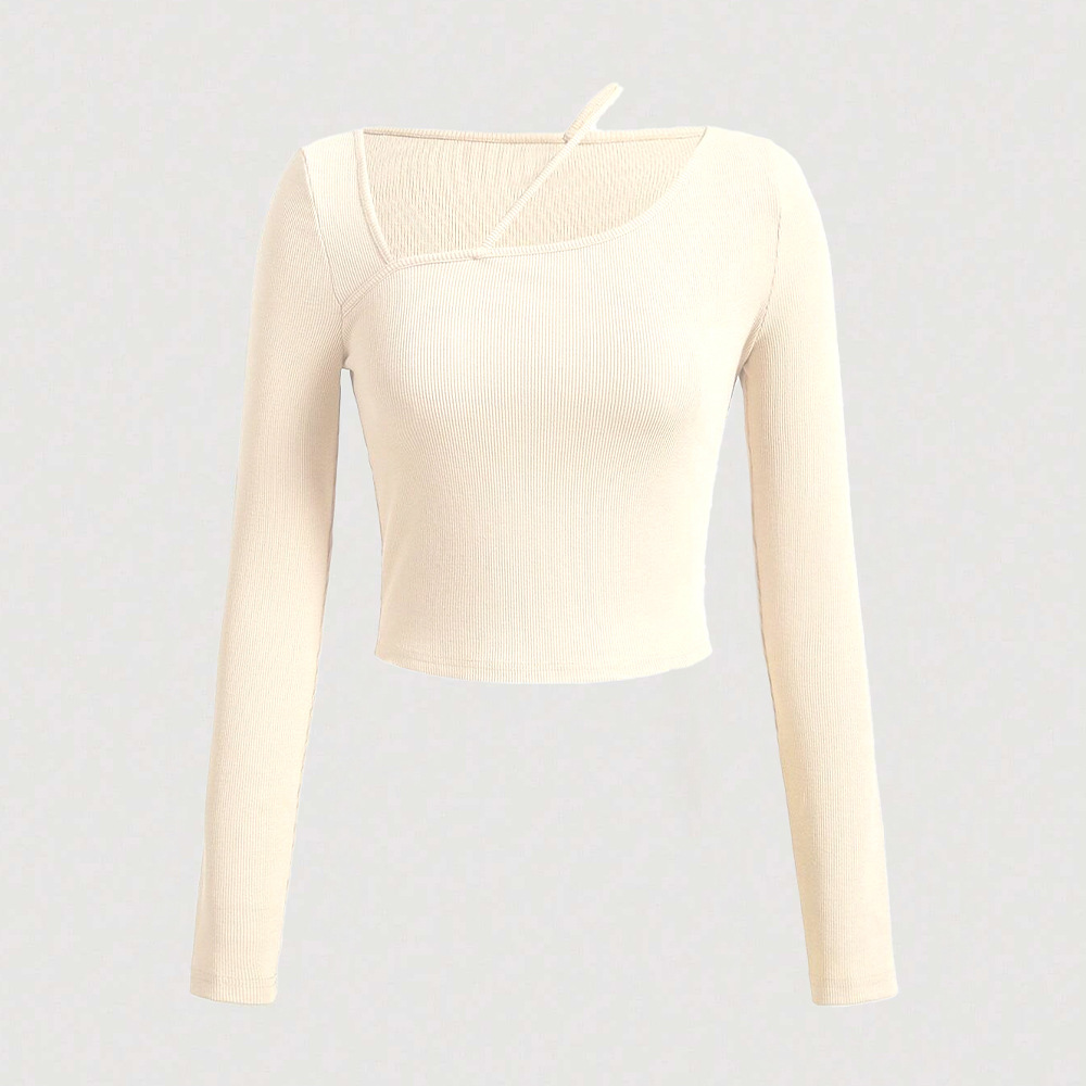 Voya Women's Clothing 2026 Spring/Summer New European And American Women's Slim-Fit Knit Long-Sleeve T-Shirt With Slanted Collar_ecoleips.com