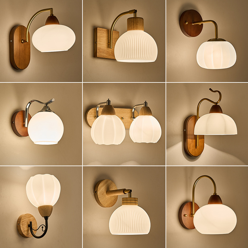 lámpara de pared madera nórdica simple madera sólida dormitorio lámpara de cabezal de cama interruptor de cable de tracción pasillo sala de estar lámpara de escalera