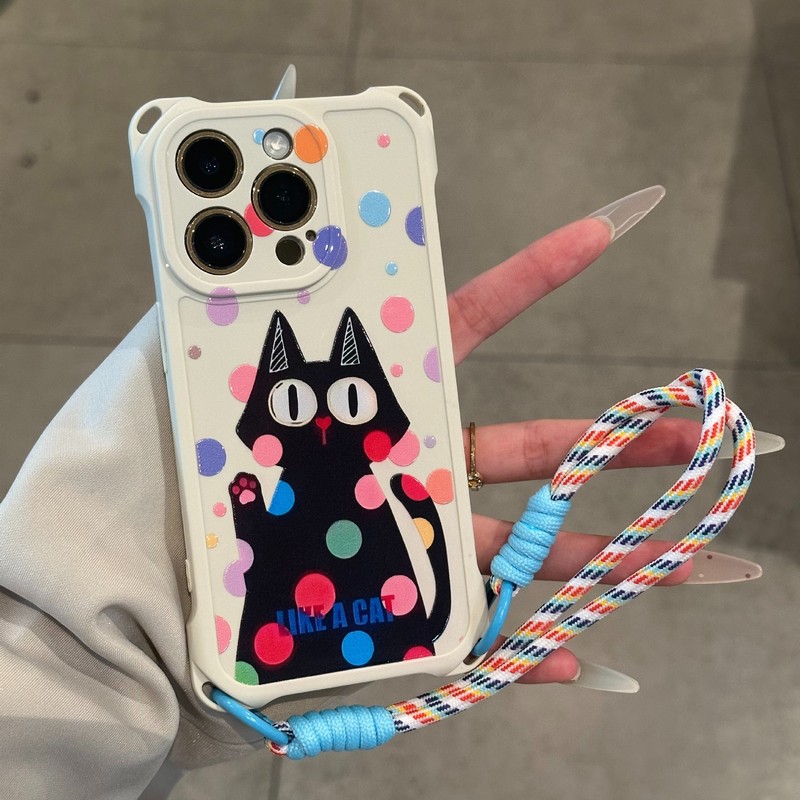 彩色波点黑猫适用苹果16手机壳oppo挂绳防摔vivo小米15华为pura70|undefined