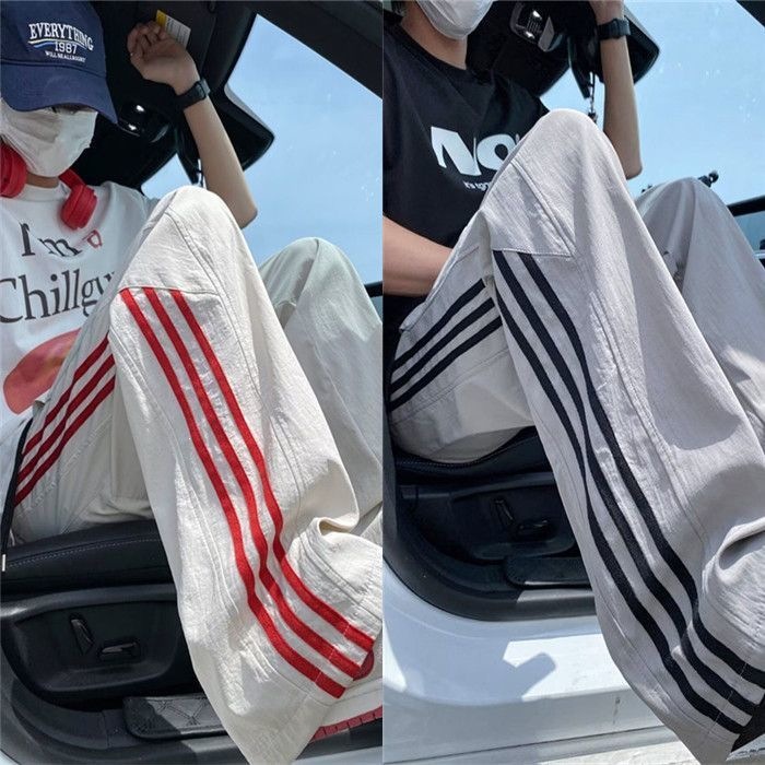 Pantalones de hielo de verano de tres barras para hombres delgados pantalones deportivos largos sueltos rectos de piernas anchas pantalones casuales de hombre