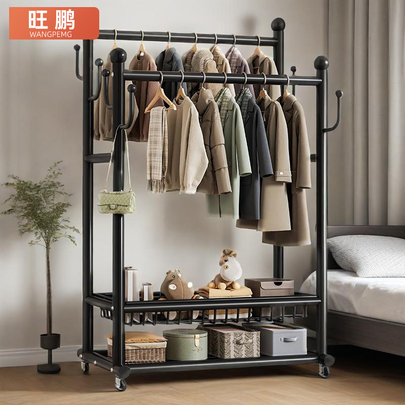 가정용 이동식 옷 건조 랙 침실 바닥 스탠딩 더블 로드 옷 걸이 간단한 스토리지 랙 도매