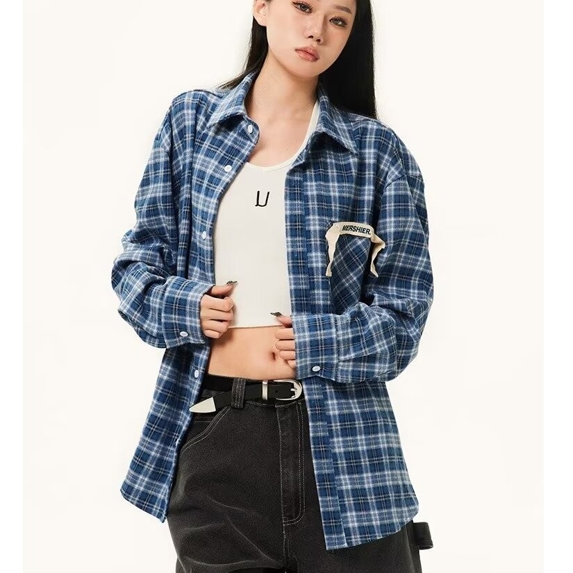 봄, 가을 한국 버전 틈새 복고풍 느슨한 격자 무늬 긴팔 셔츠 소년 분위기 하이 스트리트 다목적 격자 무늬 셔츠 트렌드