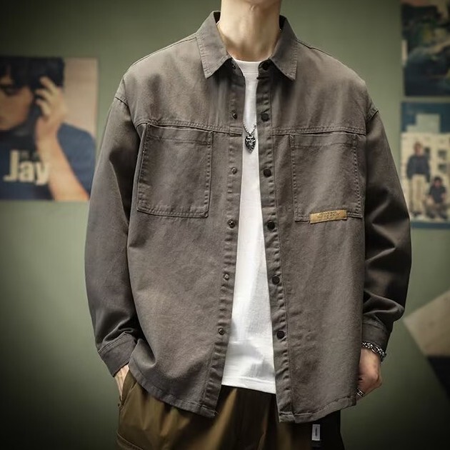 Minimalist Workwear Denim Shirt for Men, Long-Sleeve, Fall 2026, Washed, Loose Fit, Casual Cardigan Top