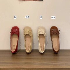 韓国風平底赤い小さな靴パンプス春夏新作フレンチリボンシューズソフトソールソフト表面婦人靴