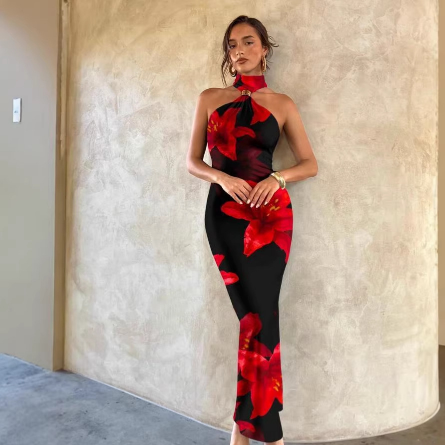 Summer Fashion High Neck Off Shoulder Floral Print Dress For Women Elegant Slit Design American Style_ecoleips.com