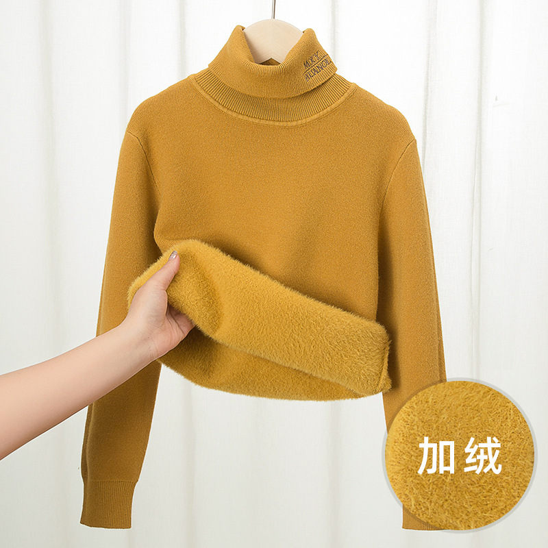 Suéter de cuello alto grueso con forro polar para niños, tejido integrado para niños mayores, capa base de imitación de visón, diseño moderno con letras para niños pequeños y niños.