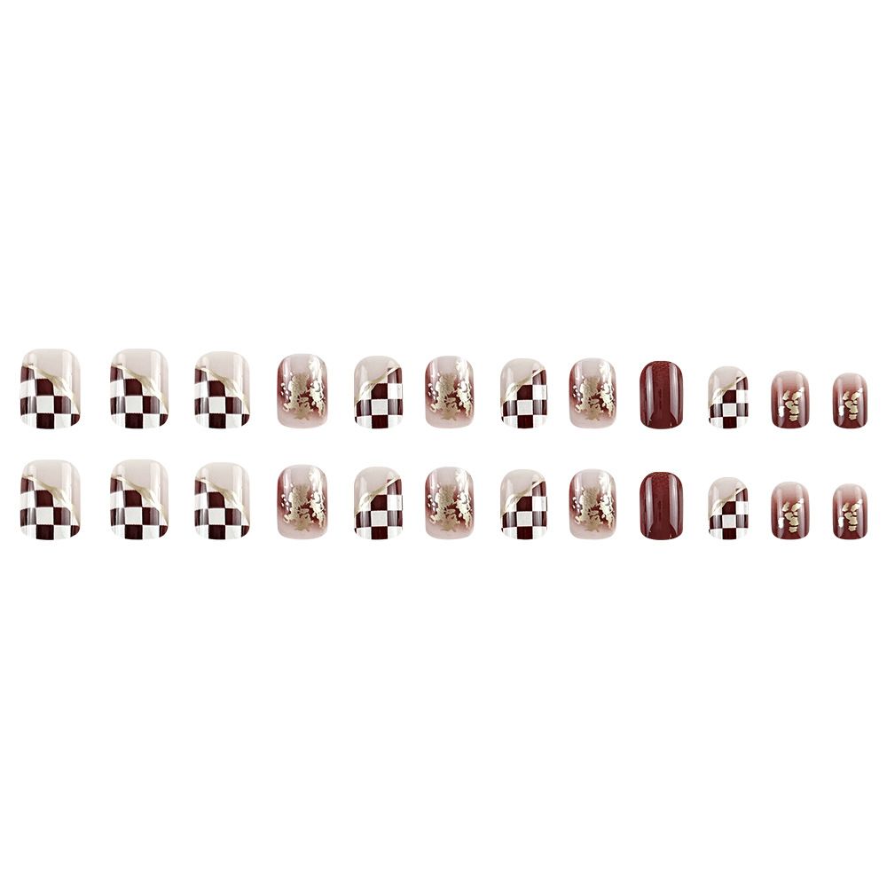 Color desnudo vino rojo tablero de ajedrez de lámina de oro manicure estilo de moda retrógrado exquisito viento para usar uñas 24 piezas parches de uñas terminados