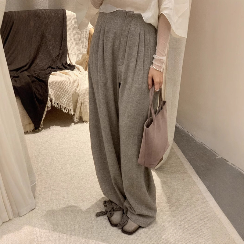 Female Spanish Designer Brand 2024 Autumn and Winter Wool Retro Dress Pants Straight Casual Pants Pleated Wide Leg Pants