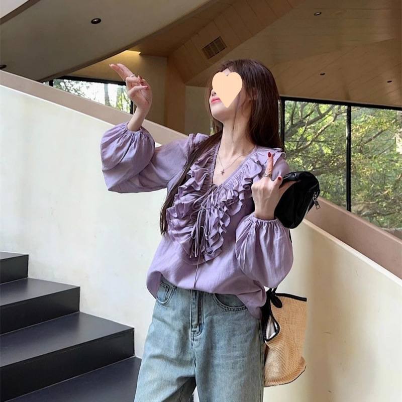 法式荷叶边抽绳领衬衫女2025春季新款洋气小众独特别致长袖衬衣|undefined